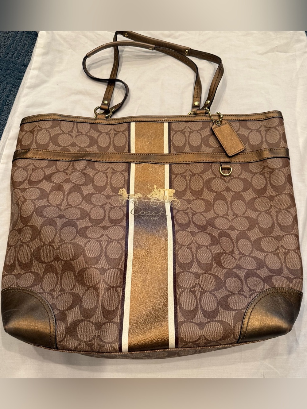 Coach Brown Signature Monogram Tote with Center Stripe